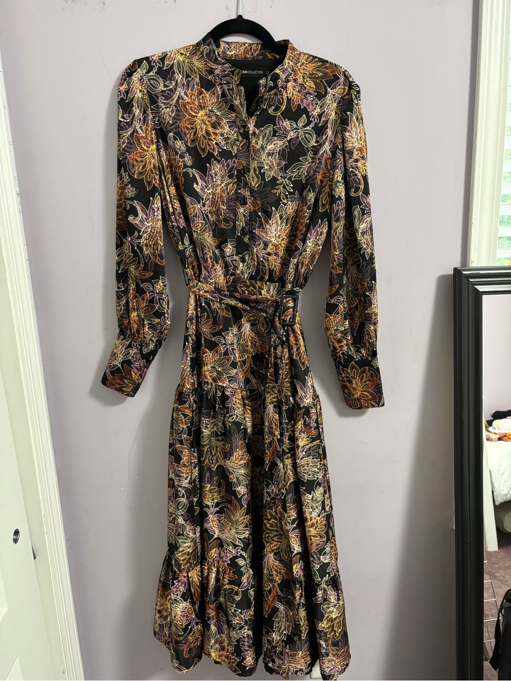 Long-Sleeve Floral Midi Dress in Black with Gold & Brown Accents and buckle belt